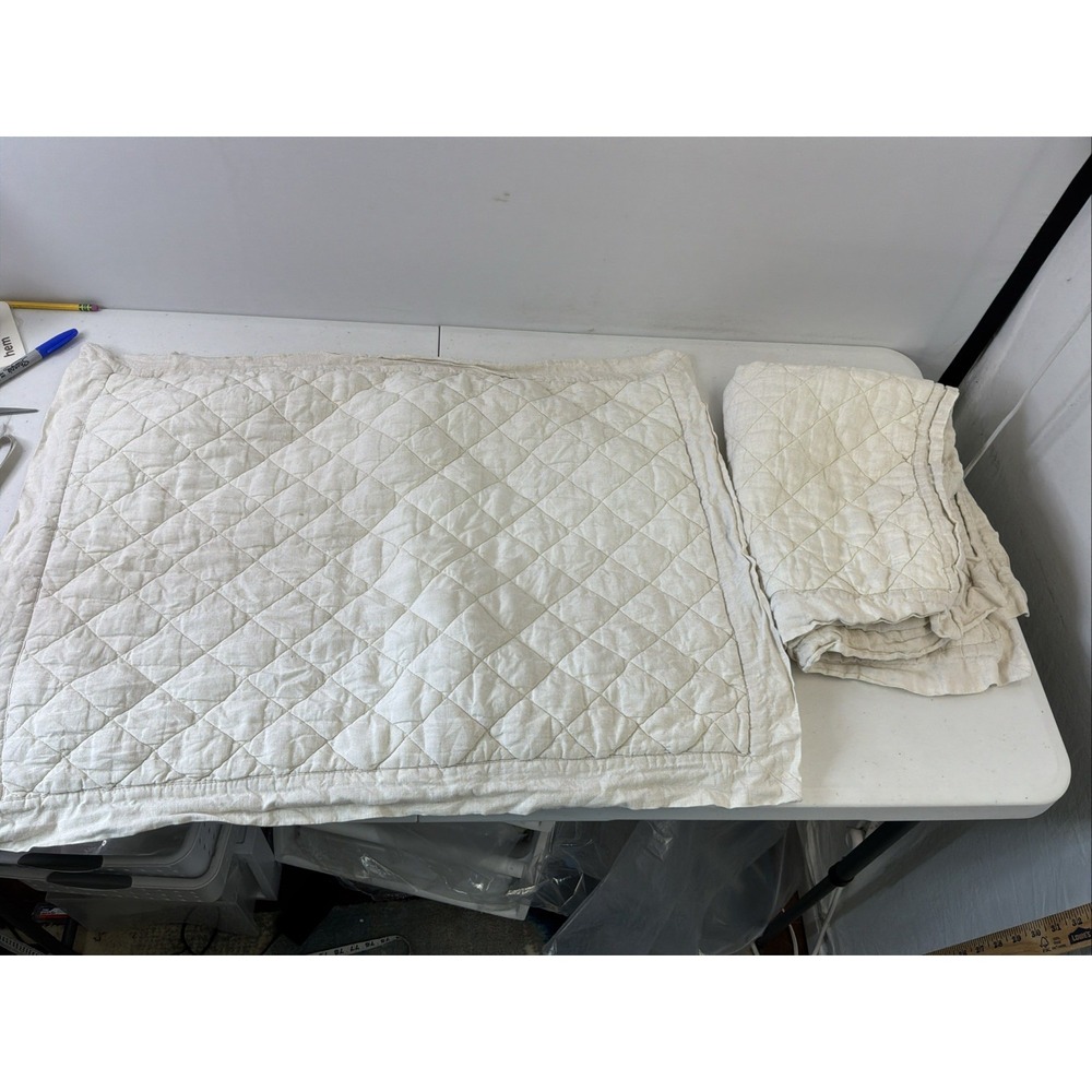 Lot of 2 Pottery Barn Belgian Flax Linen Diamond Quilted Standard Sham Ivory